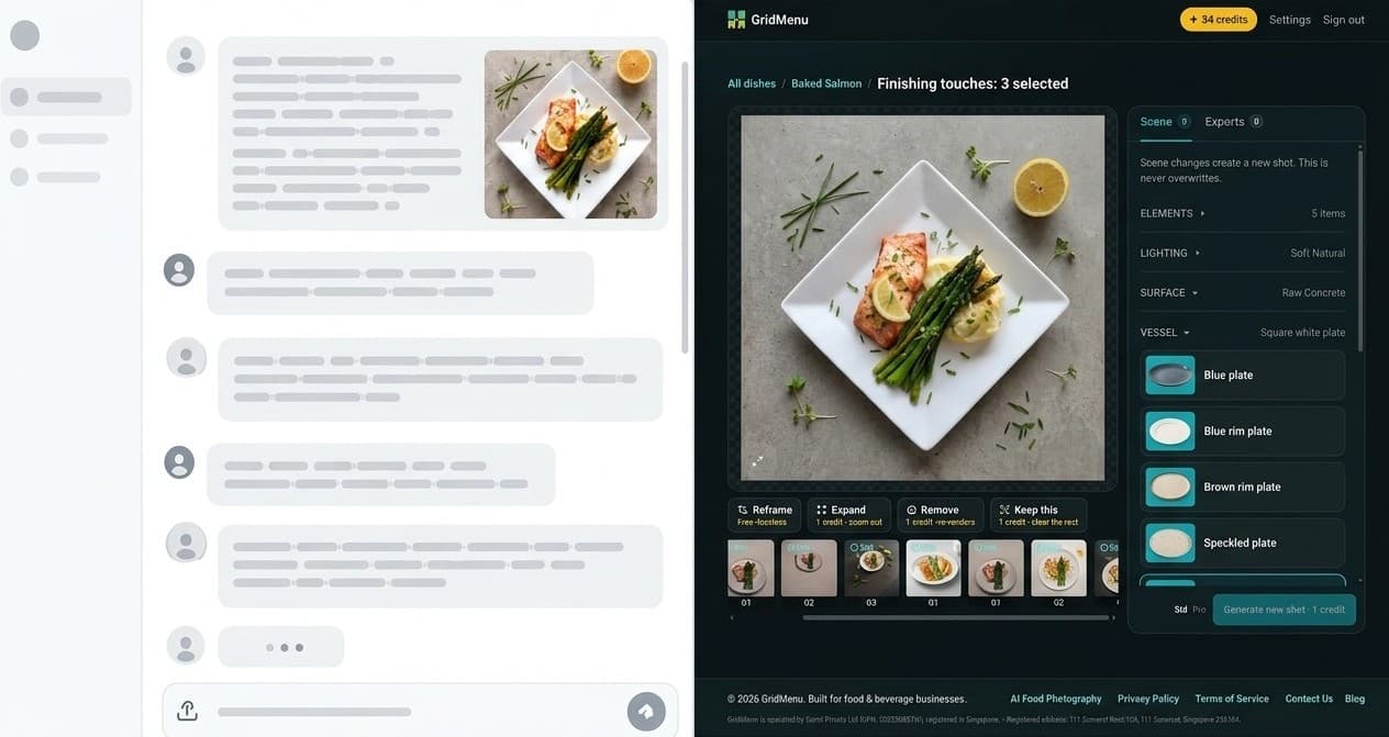A chat thread of image-edit requests beside GridMenu controls for lighting, surface, and plate on a photo of baked salmon