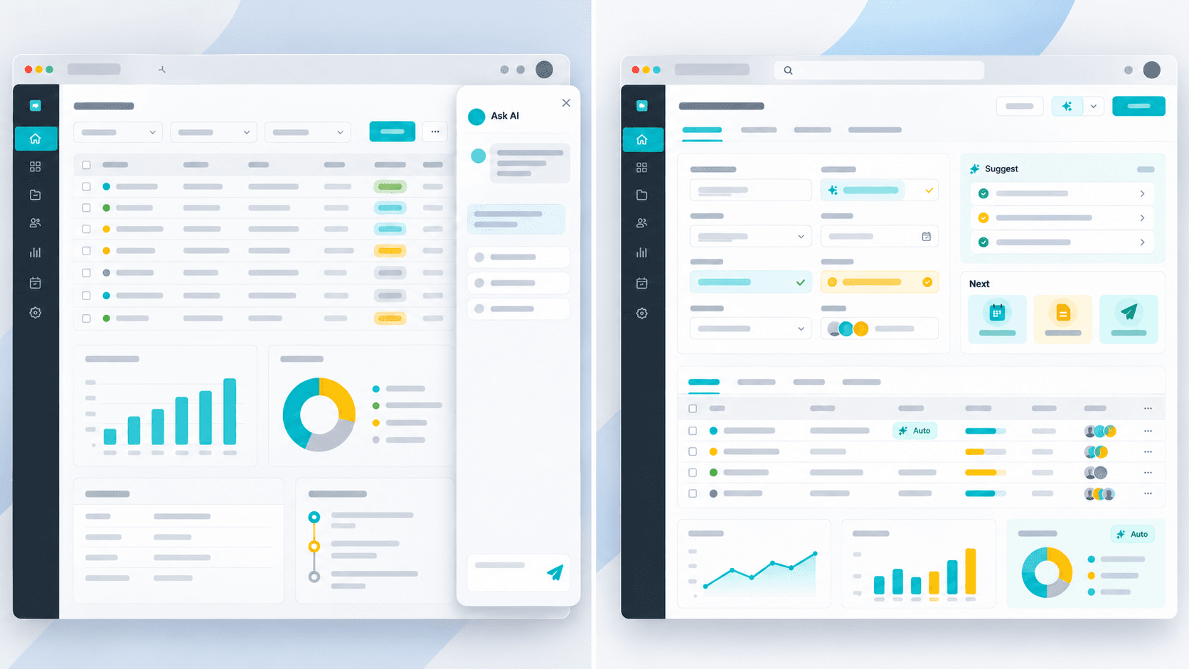 A product screen with a floating Ask AI chat beside the same kind of screen with suggestions built into the workflow