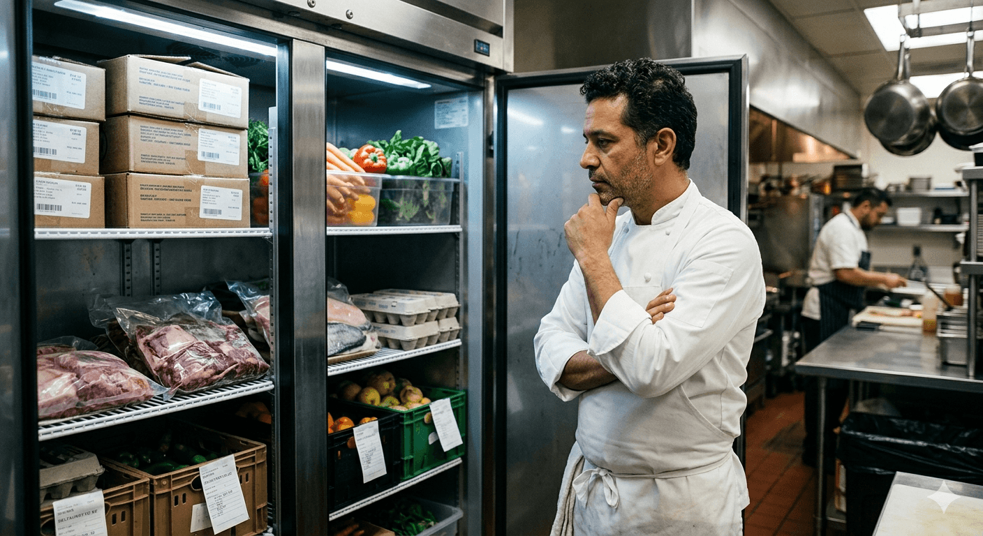 A chef standing in a restaurant kitchen, staring into the refrigerator