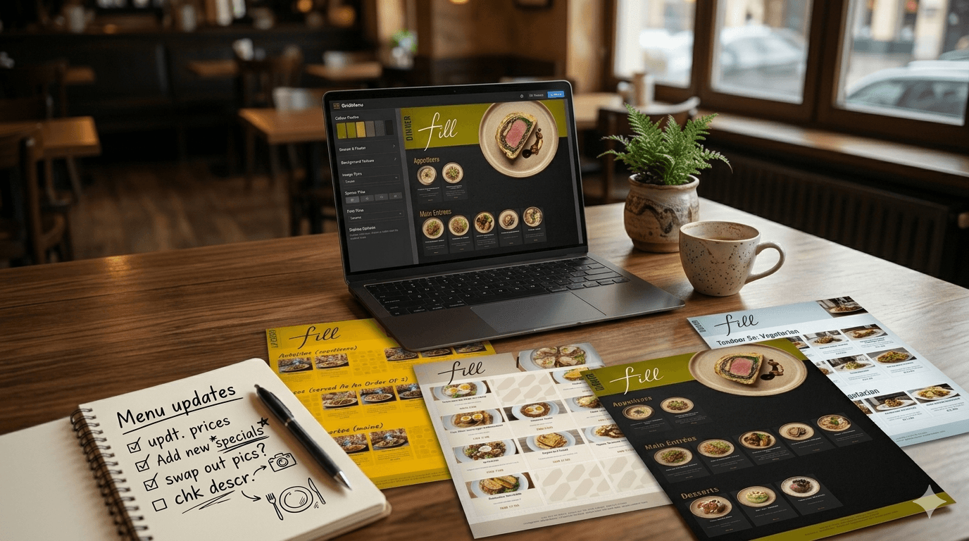 A desk with a laptop, editing a menu with existing menus scattered around the table.