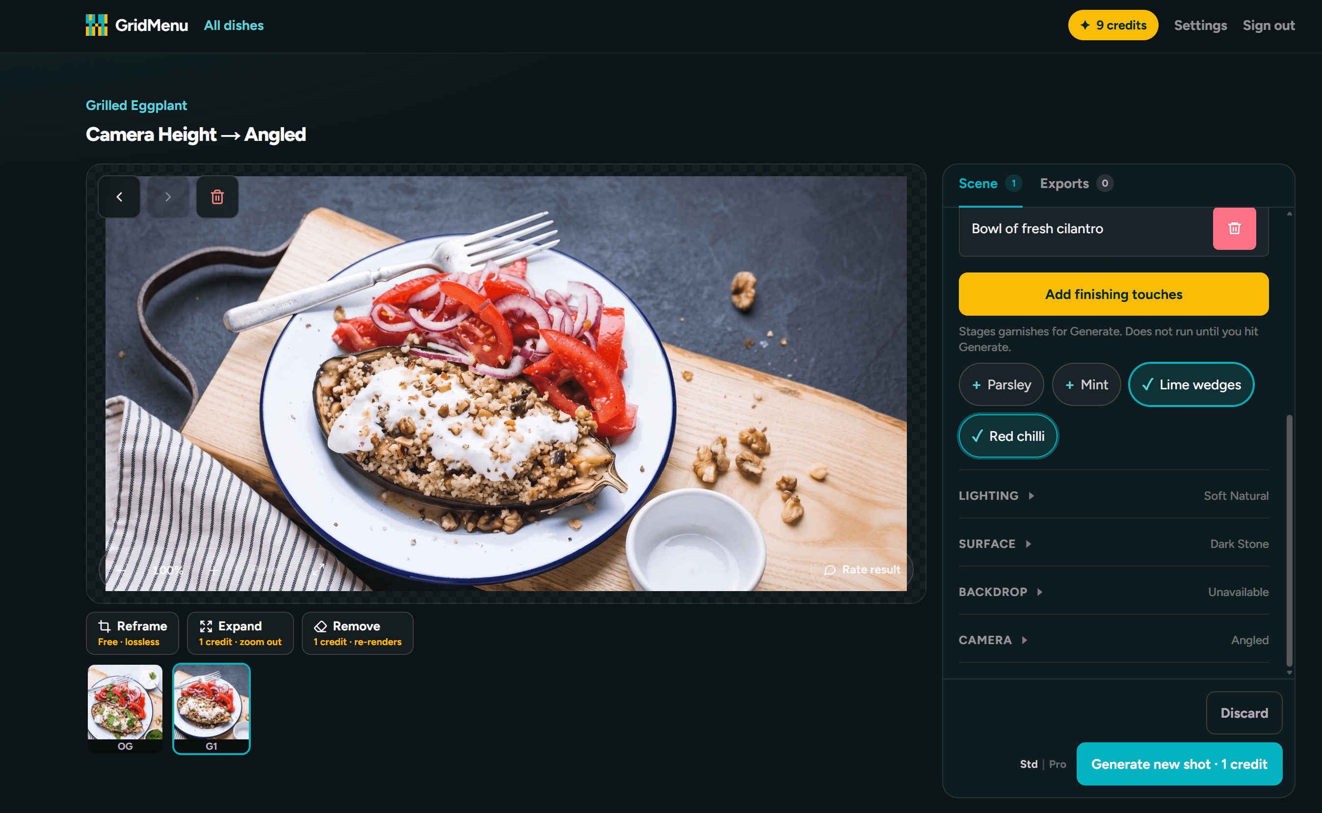 GridMenu studio showing garnish, lighting, surface and camera controls beside a plated dish