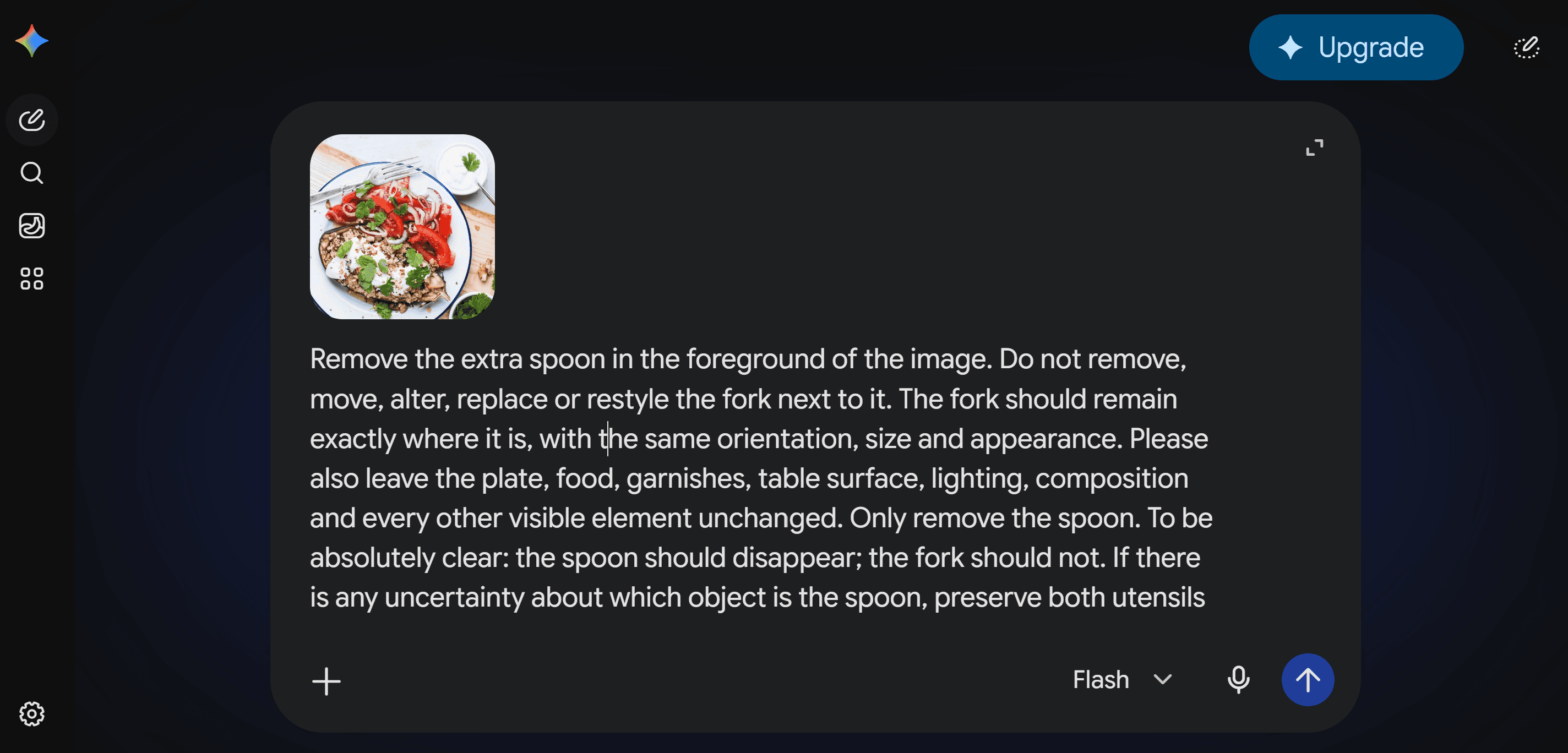 A chat prompt asking an image model to remove a spoon while leaving the fork unchanged