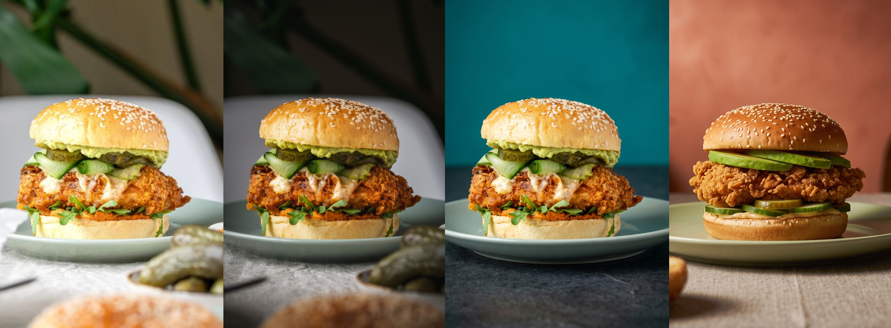 The same dish shown in four stages, from a straight photograph to a fully invented scene