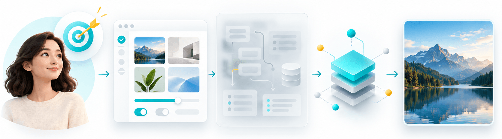 A diagram from a person's intent, through visible controls and a faded instruction layer, to a model and a finished image