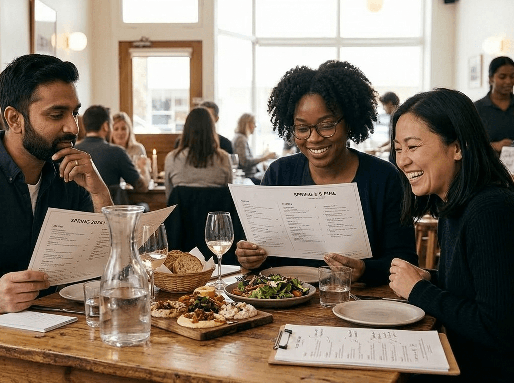 Guests browsing printed menus at a restaurant table