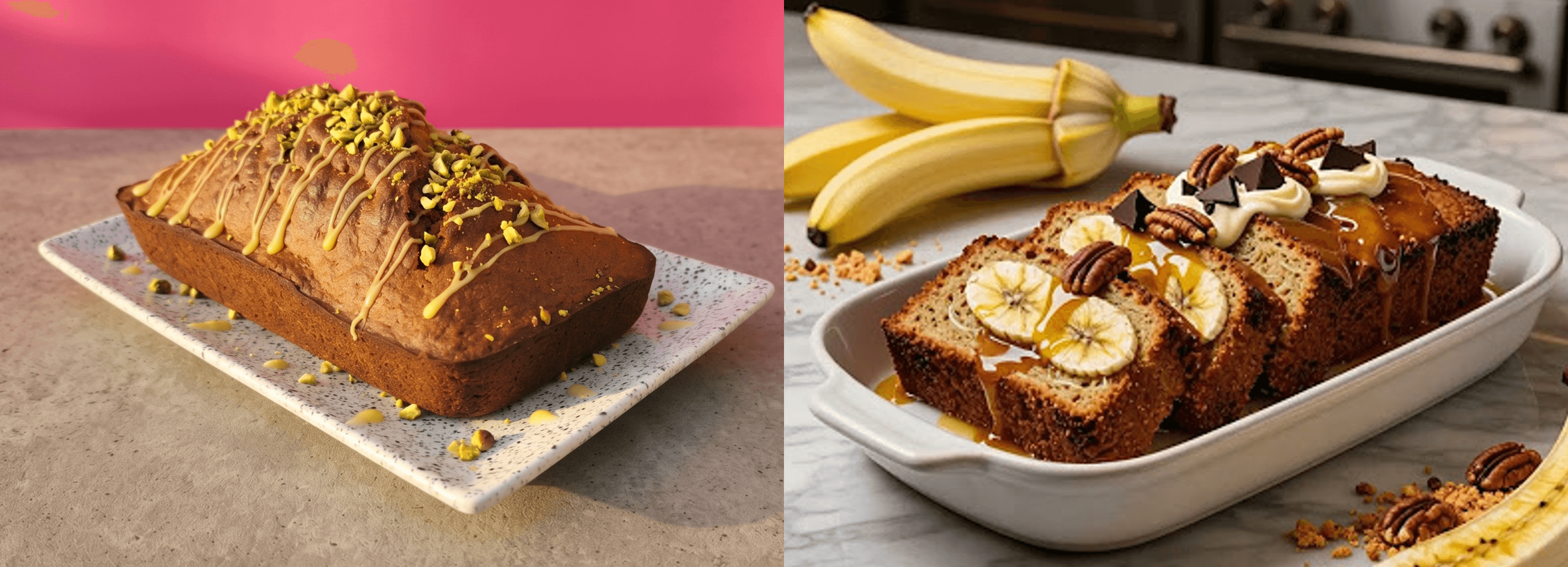 Left: real banana bread enhanced with AI. Right: an obviously fake banana bread.