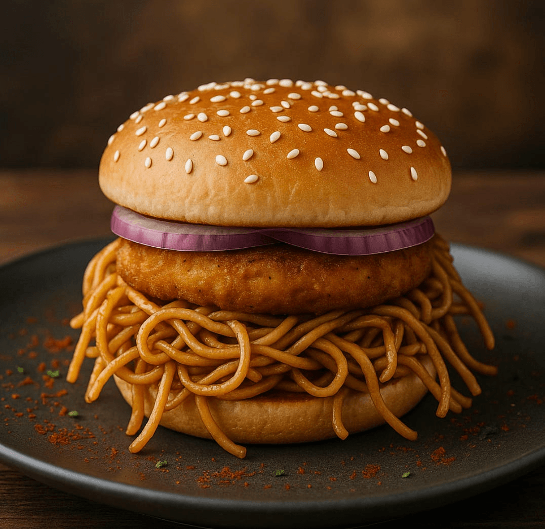 A breaded burger that seems to include spaghetti.